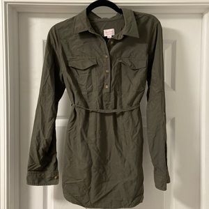 Olive green maternity shirt with tie at waist